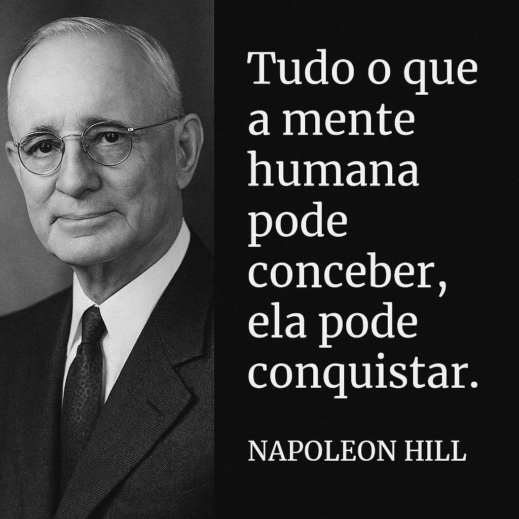Retrato de Napoleon Hill ao lado da frase “Tudo o que a mente humana pode conceber, ela pode conquistar”, destacando a filosofia de autossuperação e riqueza mental.