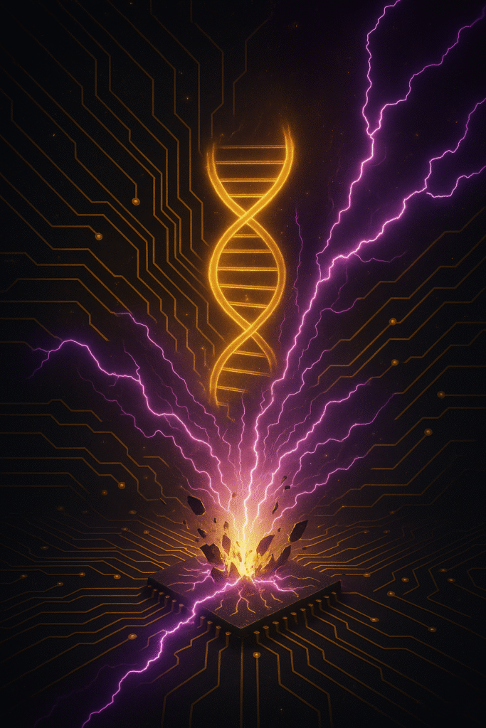 Ilustração conceitual de algoritmos ocultos representados por DNA digital e inteligência artificial aplicados em machine learning para vendas e comportamento de audiência.